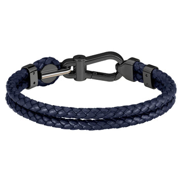 Ανδρικό δερμάτινο βραχιόλι Boss 1580701M σε μπλε χρώμα με πλεκτό σχέδιο και μαύρο μεταλλικό κούμπωμα.